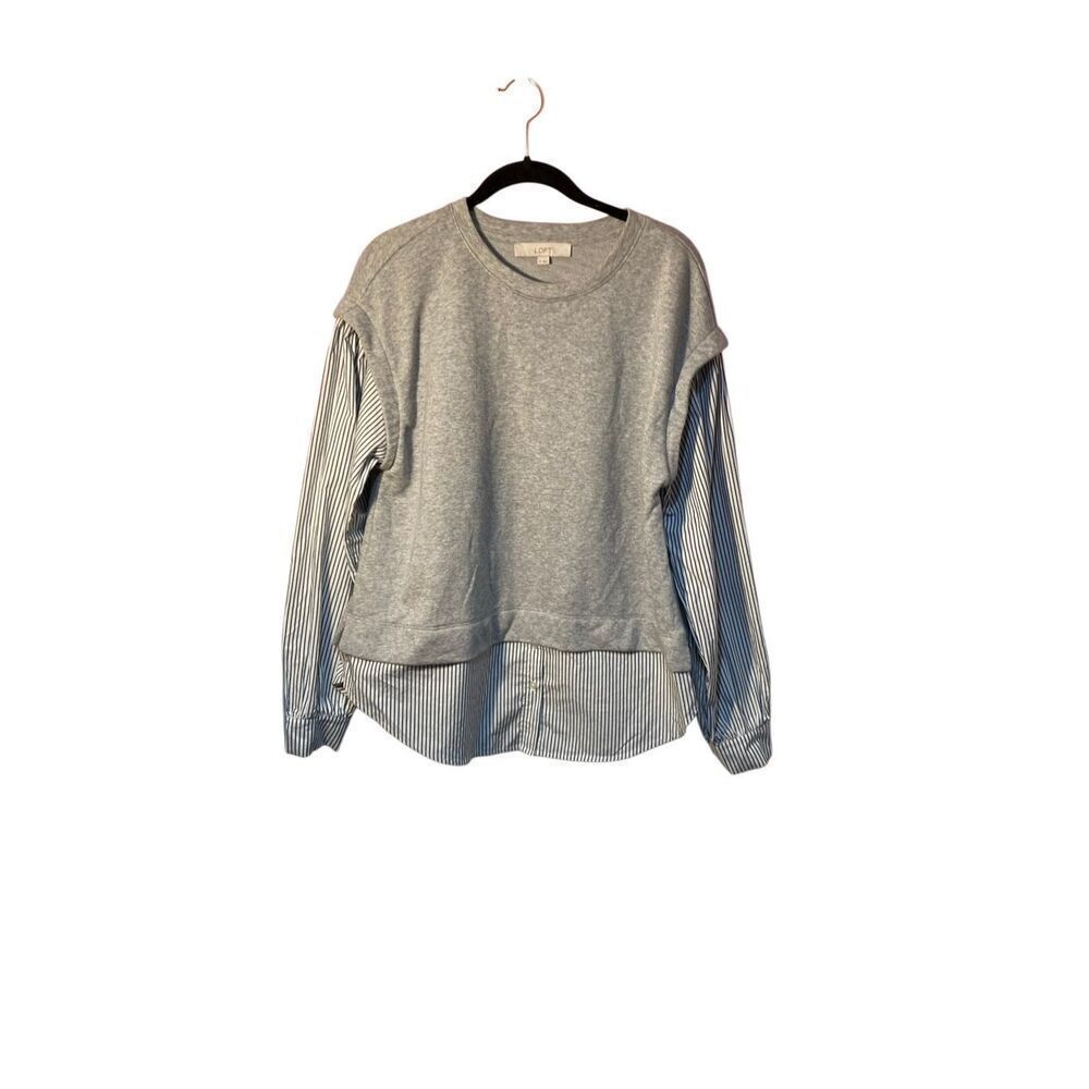 Loft women’s mixed media, striped gray sweater/blouse size medium